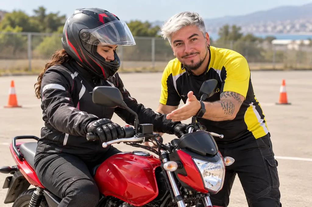 Ilustración de Seba explicando los mandos de una moto a una alumna.