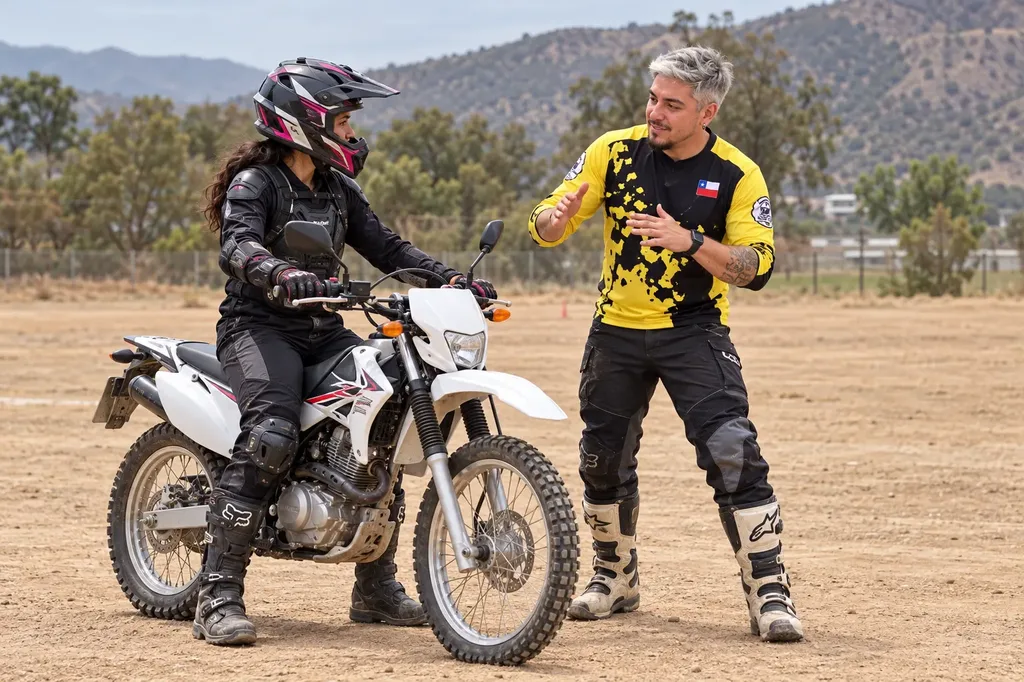 Ilustración de Seba enseñando a una alumna sobre una moto enduro en tierra.