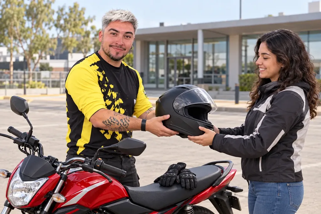 Ilustración de Seba entregando un casco a una alumna junto a una moto.